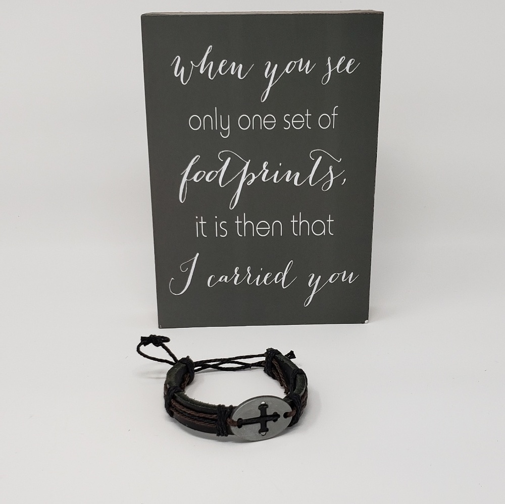Leather adustable bracelet with siver cross